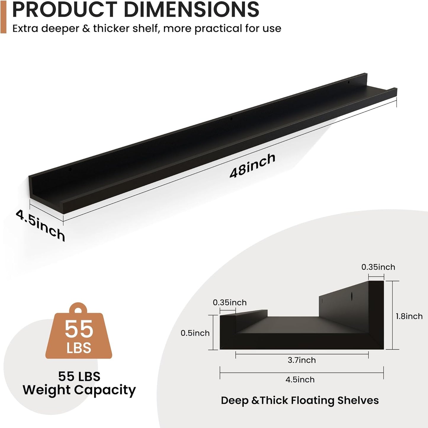 Fun Memories Picture Ledge Shelves Set of 2, 48 Inch Rustic Wall Mounted Floating Shelves with Lip for Home Storage and Décor in Bathroom, Kitchen, Nursery, Bedroom, Living Room, Black