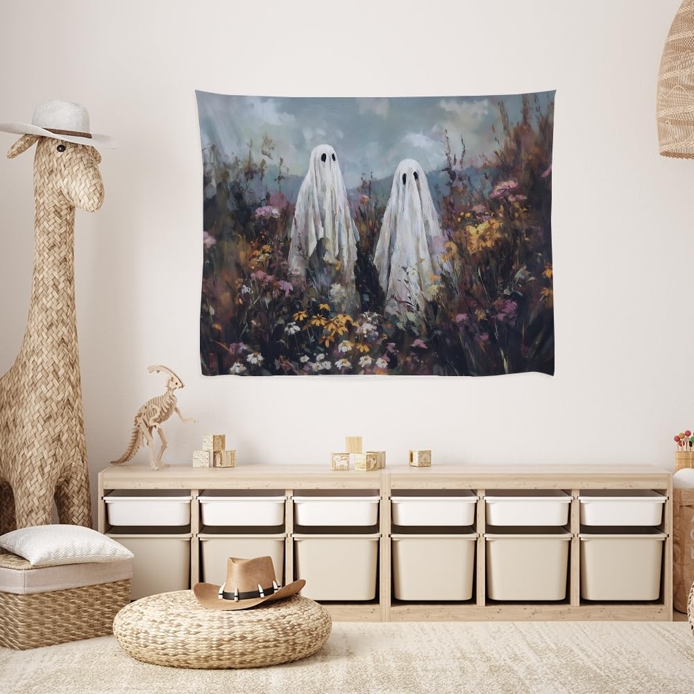 Halloween Ghosts in Wildflowers Tapestry Wall Hanging Spooky Cute Ghost Floral Tapestries Victoria Moody Artwork Aesthetic Print for Goth Living Room Bedroom wall Decor 70x90inch