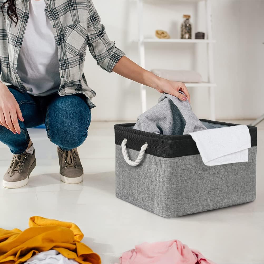 Organization and Storage Bins for Shelves - 17X15X12 inch 2 Pack Foldable Baskets for Organizing, Fabric Storage Cubes with Rope, Storage Box for Decorative Cloth (Black & Grey)