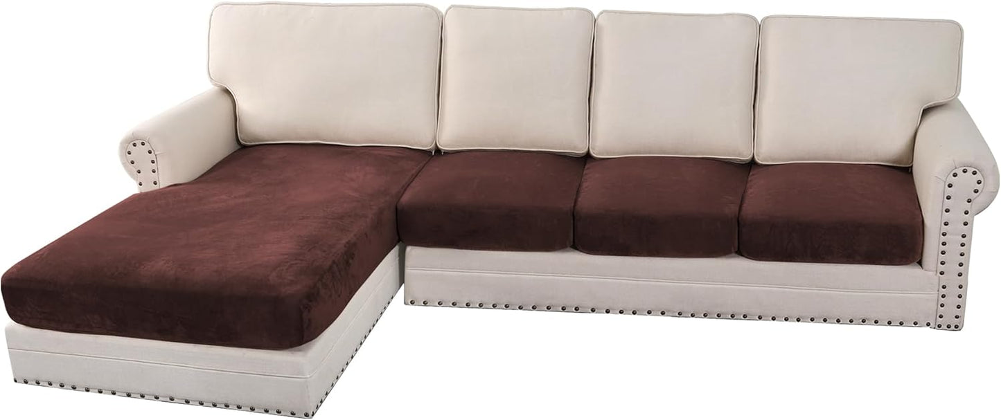 H.VERSAILTEX Velvet Stretch Sectional Couch Covers - 4 Piece L Shape Sofa Seat Cushion Set for 3 Seater + 1 Chaise (Brown)