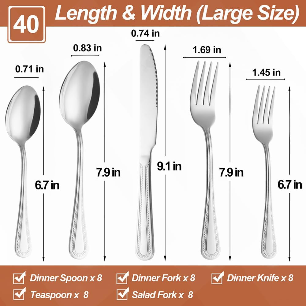 40 Pcs Silverware Set for 8 with Pearled Edge Handle design, Food Grade Stainless Steel Flatware Set, Eating Utensils Sets Include Fork/Knife/Spoon, Reusable Cutlery Set, Dishwasher Safe