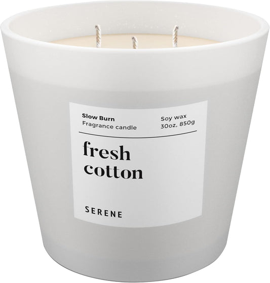 Hidden Label Large Scented Candle, Fresh Cotton, 30oz 3 Wick Huge Candle, Serene Collection Slow Burn Natural Soy Candles for Home Scented