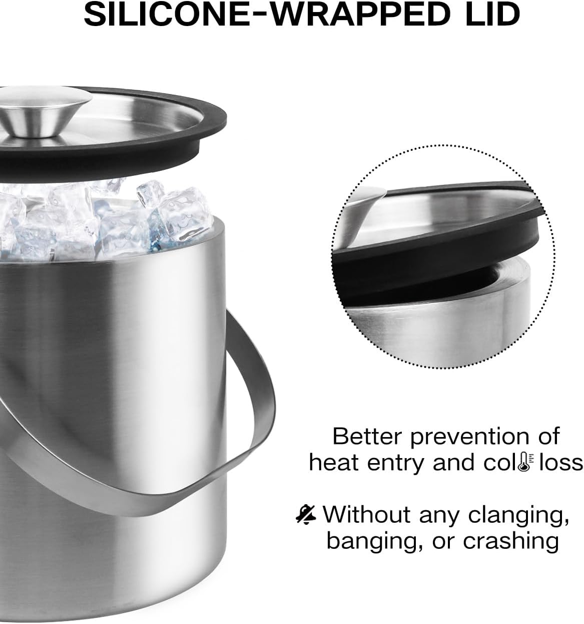 3L Double Wall Ice Bucket with Silicone Lid, Tongs & Scoop Insulated Ice Buckets for Parties & Cocktail Bar,[Silicone Lid for Longer Ice] Large Wine Bar Bucket Stainless Champagne Chiller