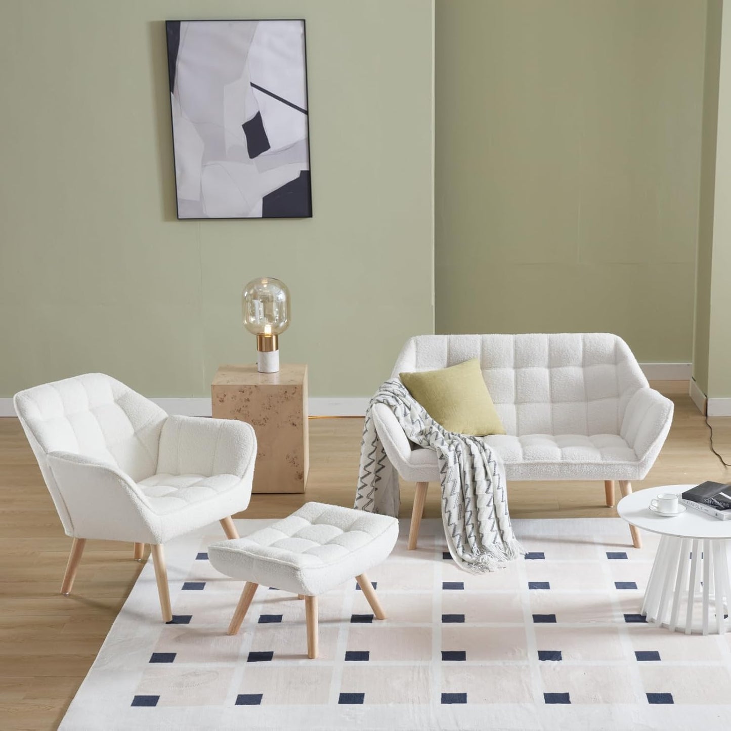 White Sherpa Accent Chair with Ottoman ，Modern Reading Chair with Ottoman Set, Comfy Fuzzy Armchair Living Room Chair Lounge Chair with Wood Legs for Small Spaces Bedroom Apartment