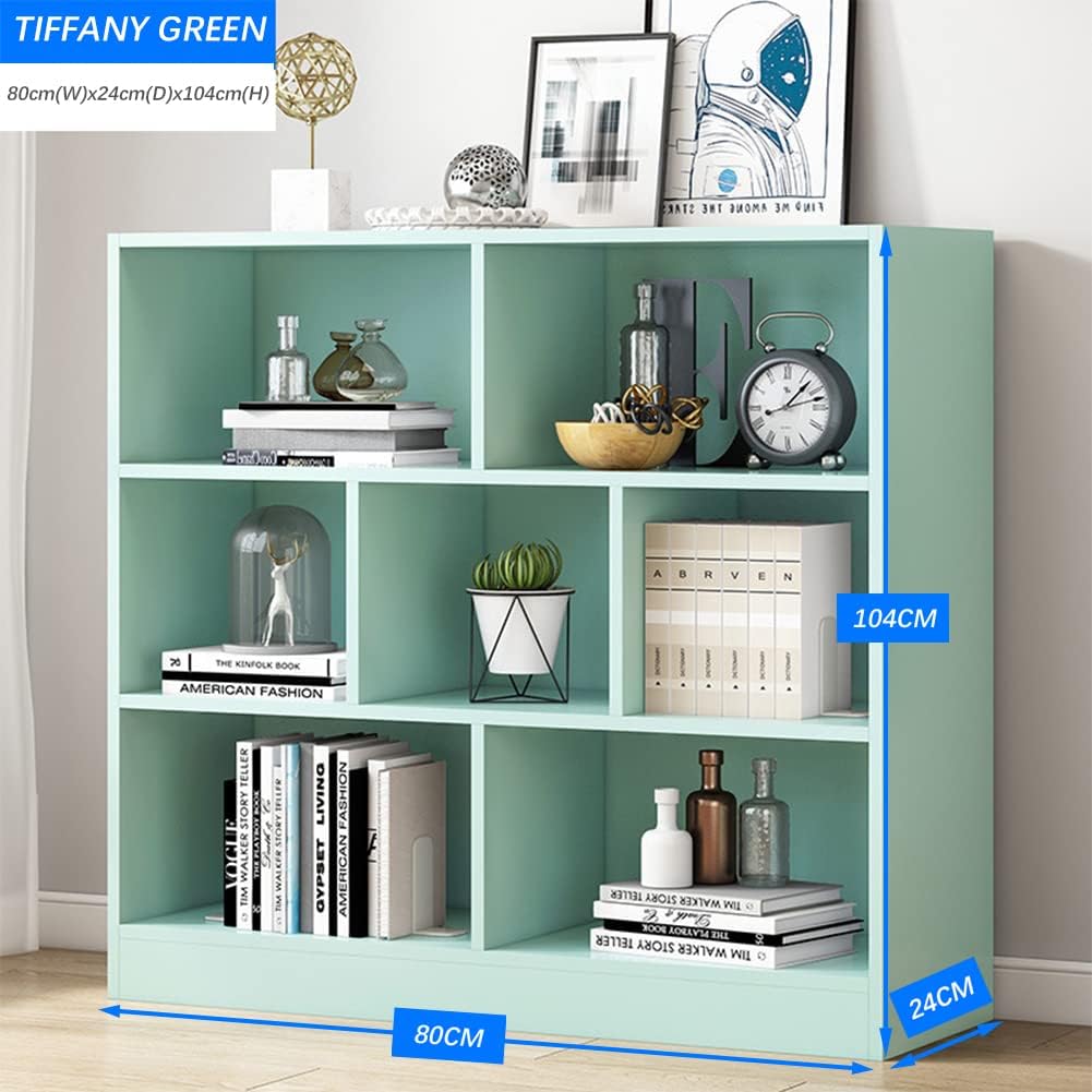 IOTXY Open Shelf Low Bookcase - Wooden 3-Tier Floor Standing Display Cabinet Organizer with Base, 7 Cubes Short Horizontal Bookshelf in Tiffany-Green