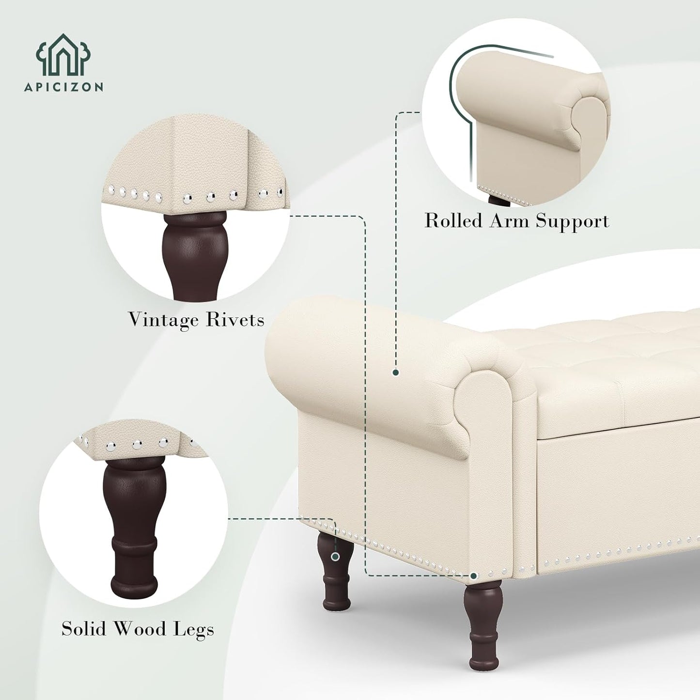 Apicizon 60”Storage Ottoman Bench, Soft Faux Leather Indoor Bench with Rolled Arm and Vintage Rivets, Large Storage Chest for Bedroom, Living Room, Entryway，Beige & Brown Legs