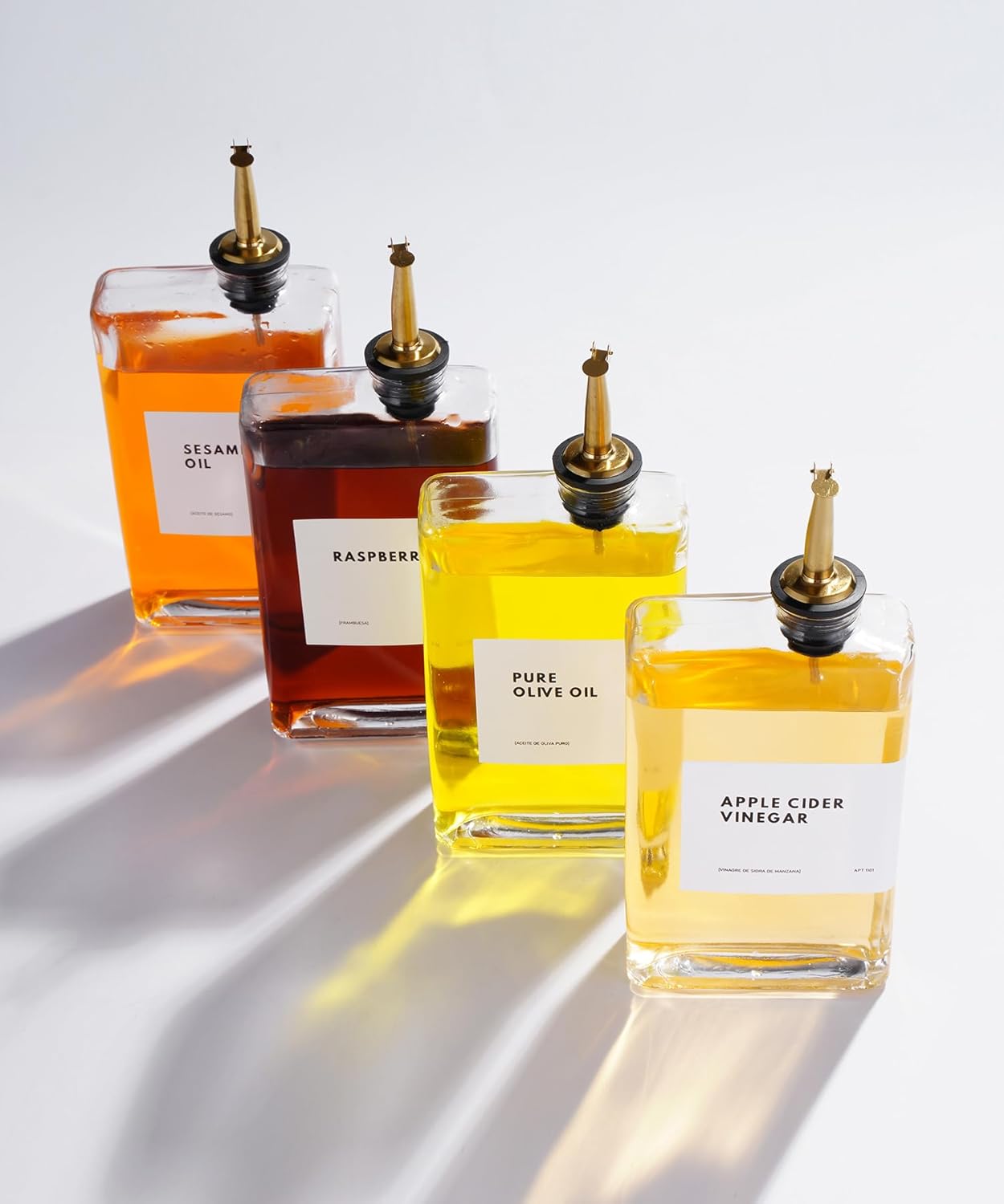 Olive Oil Dispenser for Kitchen, Cooking Oil and Vinegar Dispenser Set, Olive Oil Bottle, Soy sauce dispenser, coffee syrup bottles with stainless steel pourers - 4 pcs, Gold