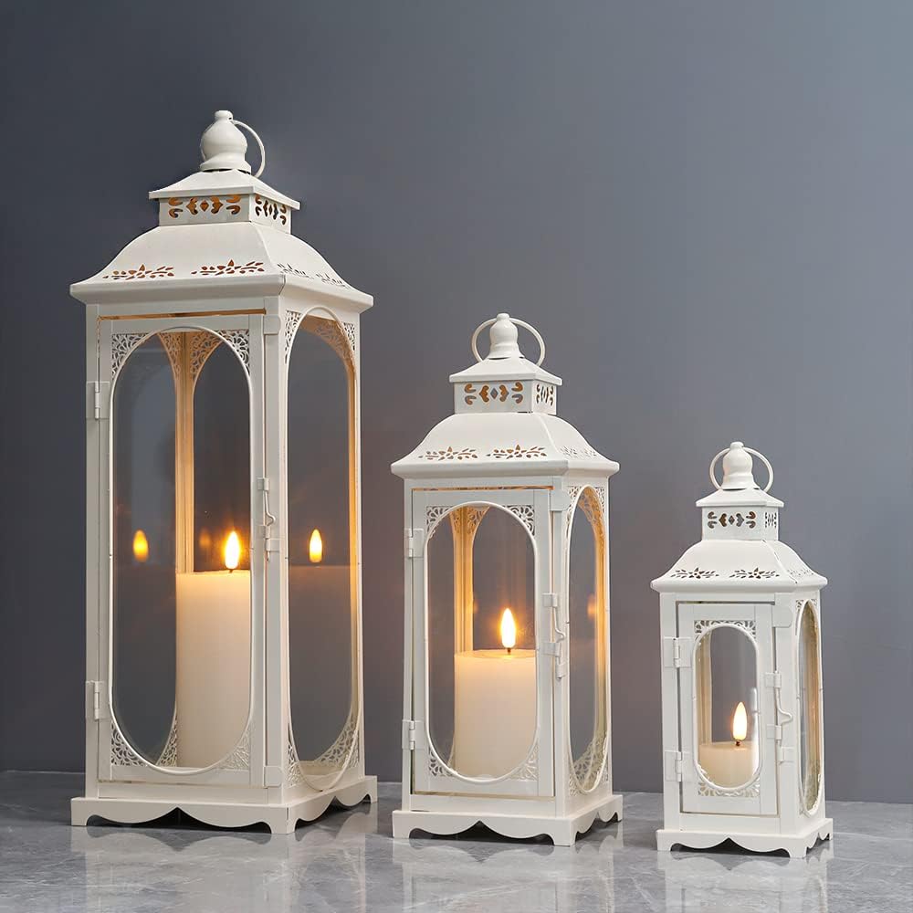 TRIROCKS Set of 3 Vintage Candle Lanterns 10/14/19.5'' High Decorative Outdoor Lantern Metal Candle Holder with Tempered Glass for Home Living Room Garden Yard Parties Events Indoors Outdoors (White)