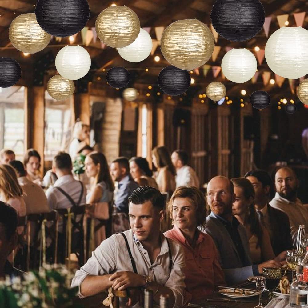 Paper Lanterns Decorative, Black Gold Hanging Round Chinese Lanterns with Lights for Graduation Anniversary Birthday Party 12 LED Light Pack of 12