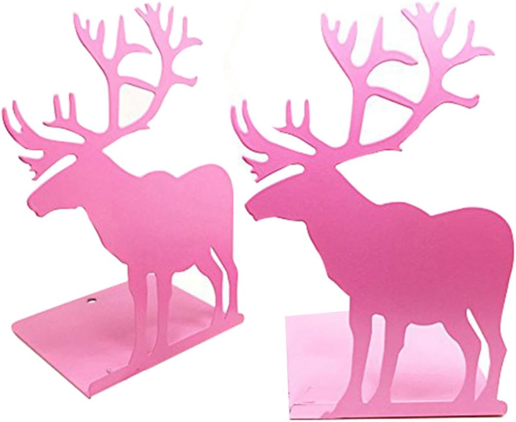 Winterworm Fashion Creative Cartoon Cute Iron Elk Moose Pattern Nonskid Metal Office Desk Bookends (Pink)