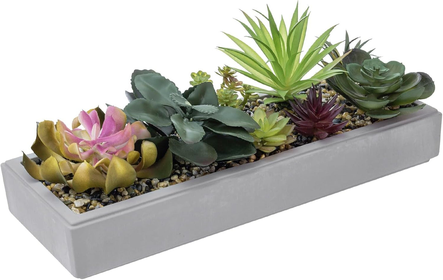 MyGift 15 Inch Mixed Color Assorted Artificial Succulent Plant Arrangement in Modern Gray Clay Planter Tray