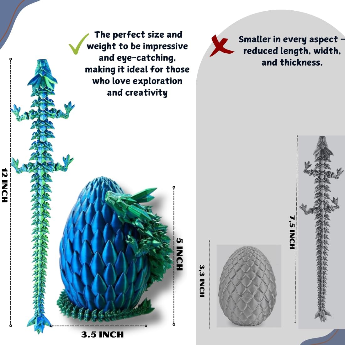 3PCS 3D Printed 12” Articulated Crystal Dragon Inside 5.1” Egg – Fantasy Collectible, Fidget Toy & Stocking Easter Basket Stuffers for Home & Office Decor (3PCS-Egg)