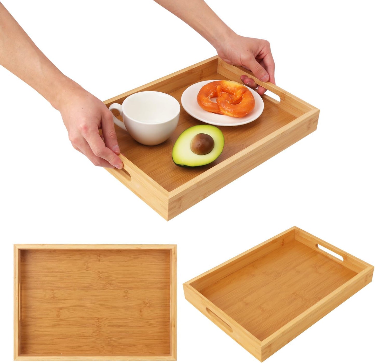 2 Pack Large Bamboo Serving Tray with Handles, 14 x 10 inch Wooden Dinner Tray, Home Kitchen Breakfast Trays for Living Room Bedroom Kitchen Dinner Table, Picnic