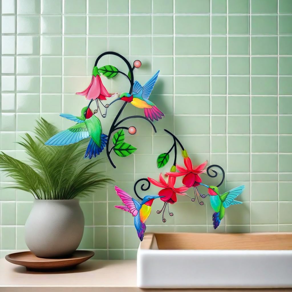 2 Pack Metal Hummingbird & Flower Outdoor Wall Art Decor, Creative Wall Decor for Patio, Fence, Deck, Garden, Home, Kitchen, Balcony