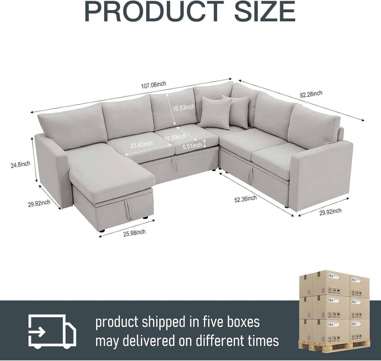 7 - Seater Sofa Bed, Large U - Shaped Modular Sectional Sofa, Oversized Pull - Out Sleeper with Storage for Living Room, Light Grey