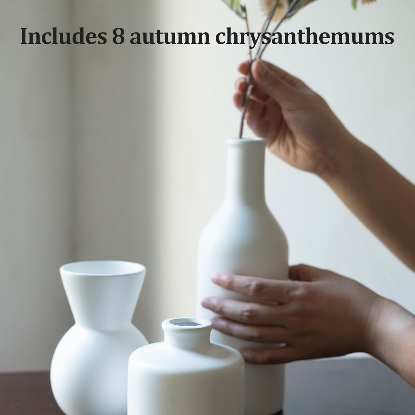 Fake Flowers in Vase for Centerpieces, Faux Flowers in Modern Ceramic Vase Set of 3 with 8 Artificial Autumn Chrysanthemums Home Decor