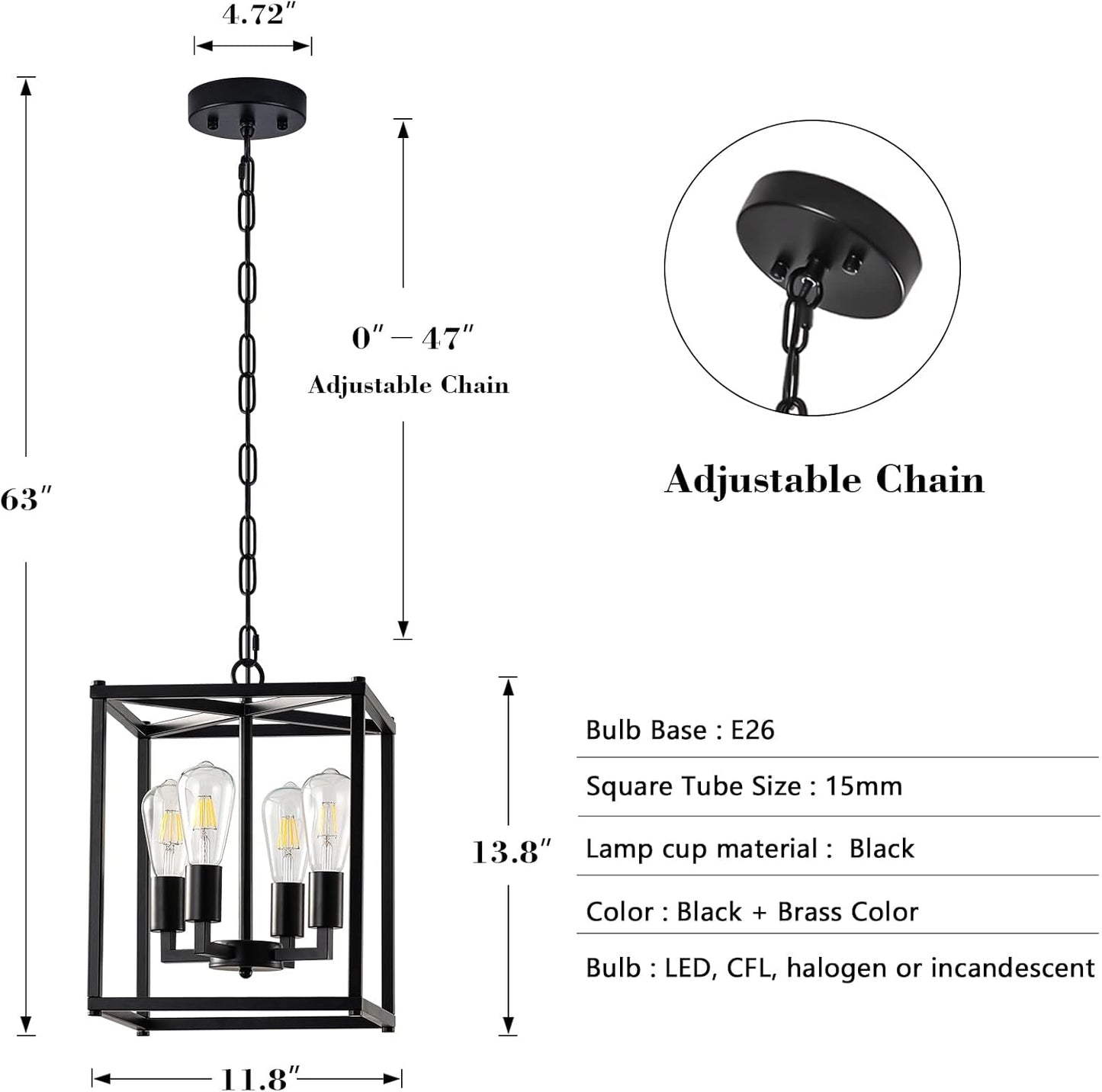 Lantern Pendant Light, 4-Light Black Chandelier,Modernized Ceiling Hanging Light Fixture for Bedroom Kitchen Island Foyer Living Room Dining Room Hallway