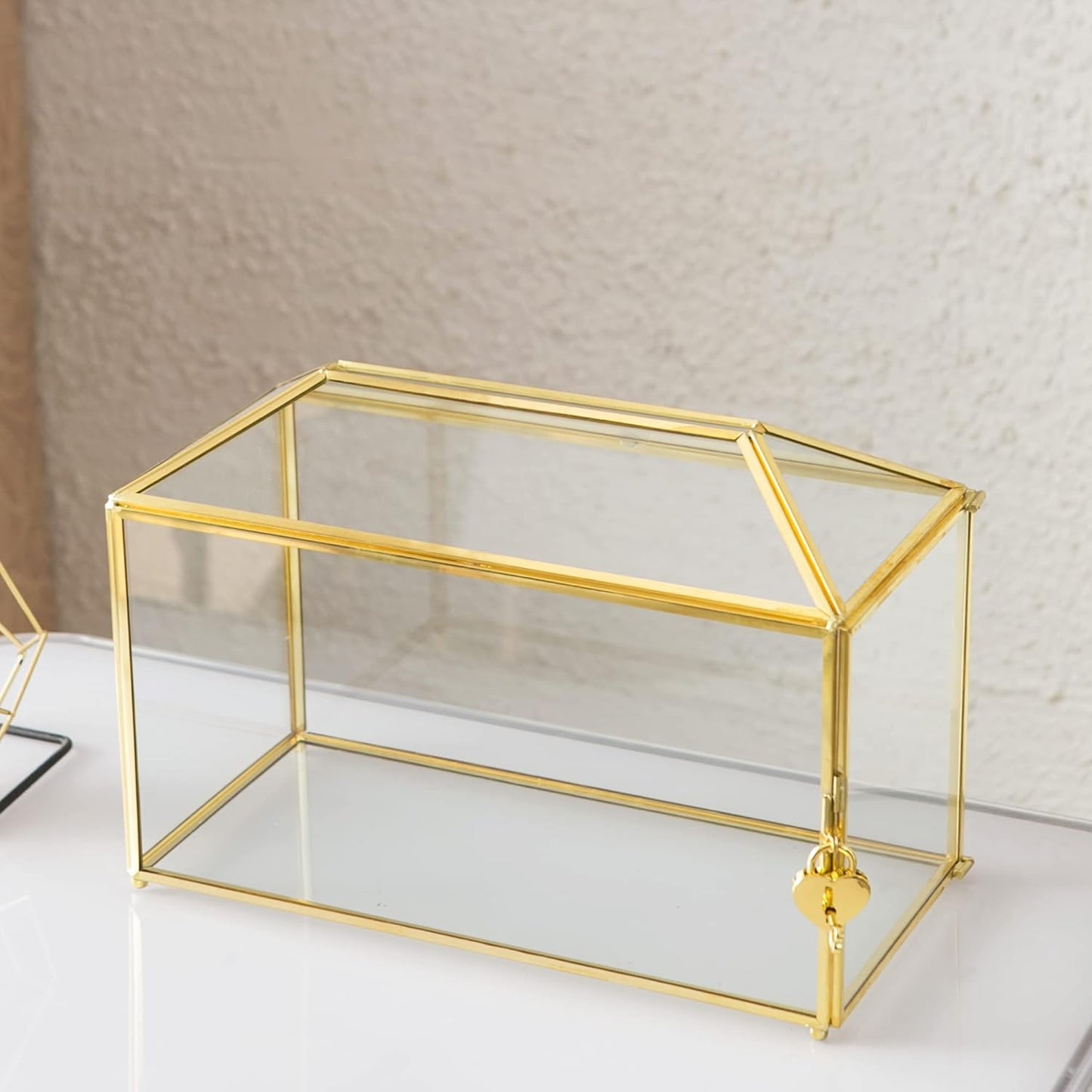 Glass Wedding Card Box with Slot, 12.6 inch Large Clear Card Box Gold Brass Gift Card Storage Box with Lock for Wedding Receptions, Baby Shower, Birthday Party, Bridal Shower