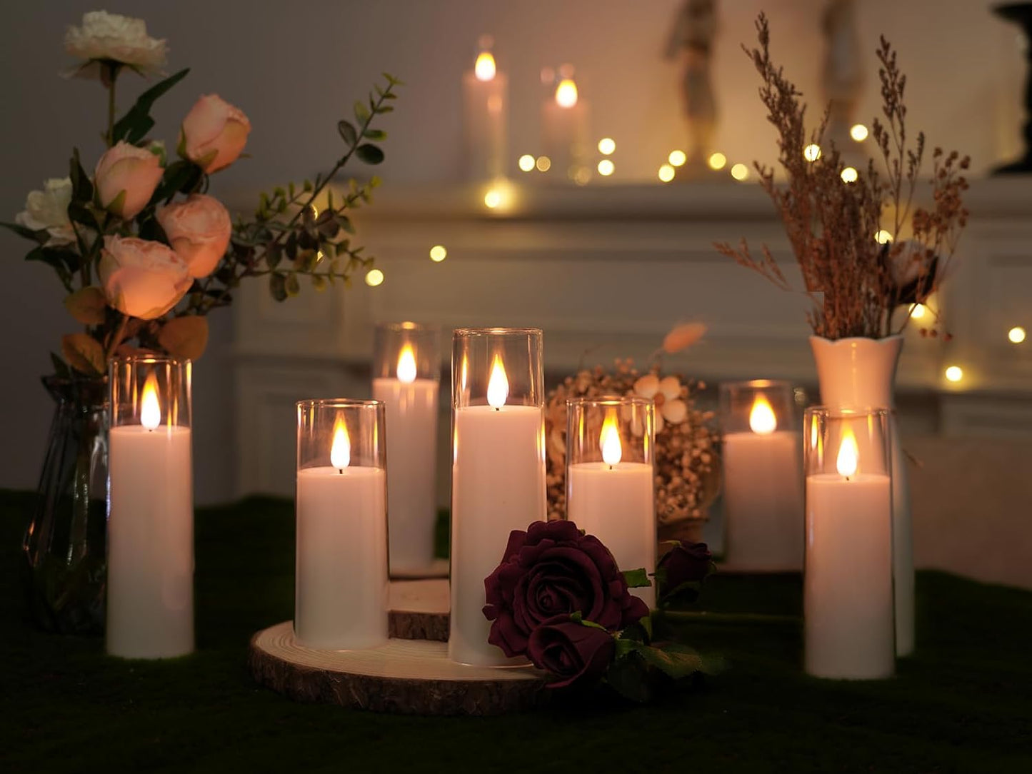 Amagic Pure White Flameless Candles, Battery Operated Candles, Acrylic Flickering LED Pillar Candles with Remote Control and Timer, 3D Wick, Yellow and Blue Glow, D2.2 xH5 6" 7", Set of 9