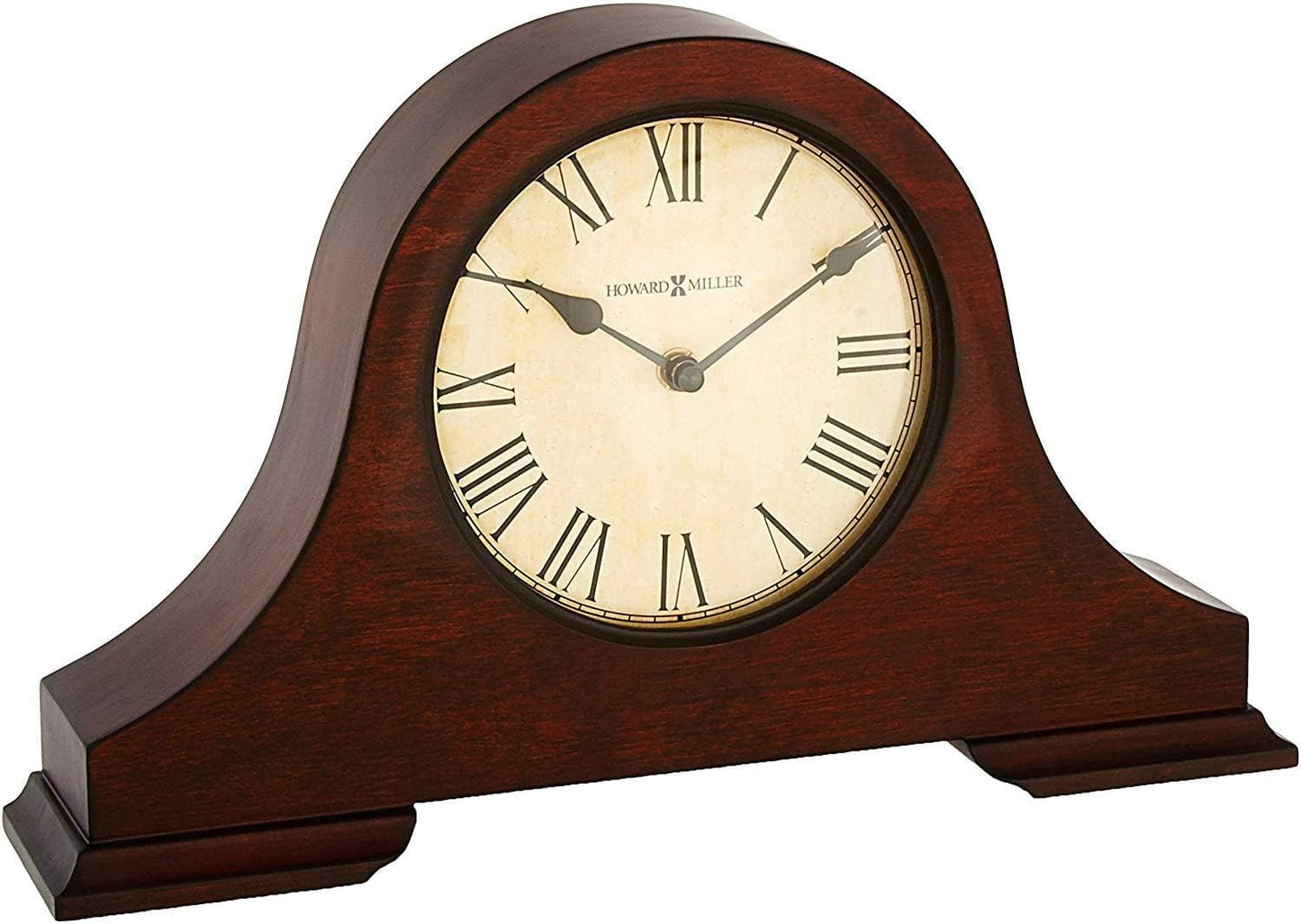 Howard Miller Humphrey Mantel Clock, Roman Numerals Analog Dial with Quartz Movement Triangular Burl Overlays, Hampton Finish Aged Vintage Design for Home Decor, Bedroom & Living Room