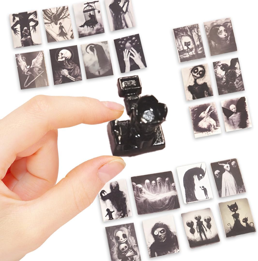 69Pcs Miniature Horror Diorama Set: Mini Black,DSLR Camera Prop, Gothic Posters & Abstract Art for 1:6 Scale Dollhouses - Creepy Display Decor for Adults