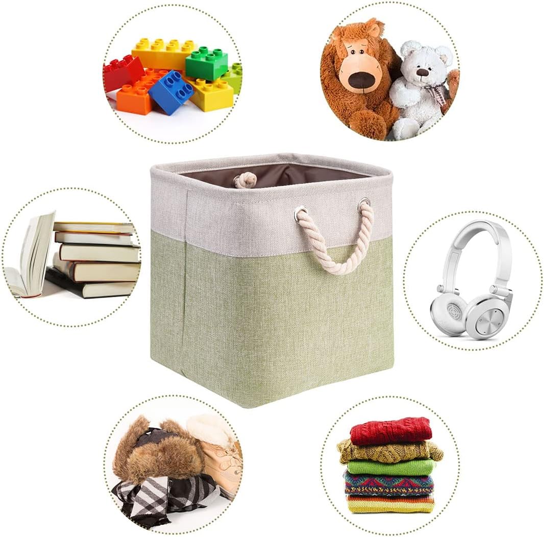 i BKGOO 3Pack Large Foldable Storage Bins，Collapsible Sturdy Cationic Fabric Organizing Storage Basket Cube with Cotton Handles for Home Office Shelf Clothes Toys Beige-Green 13×13×13 inch