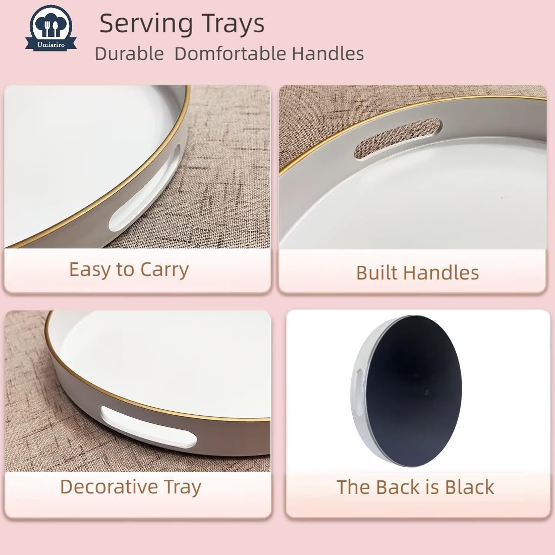 13" Round Decorative Tray, White Serving Tray with Handles, Plastic Coffee Table Tray for Ottoman, Living Room, Bathroom, Décor.