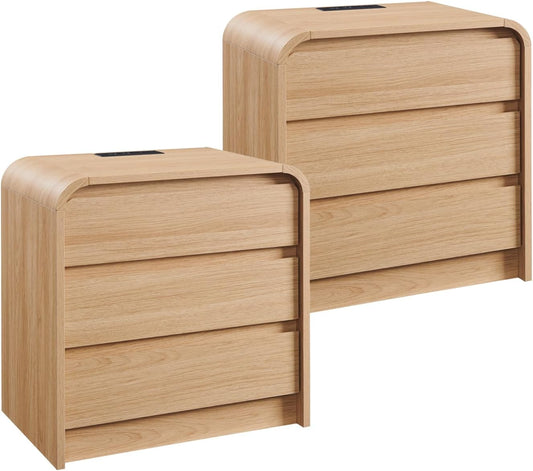 25" Tall Modern Nightstand Set of 2, 23.6" Wide Wood Bedside Table with Charging Station, 3 Storage Drawers Side Table w/Curved Profile Design,End Table for Bedroom, Natural Oak
