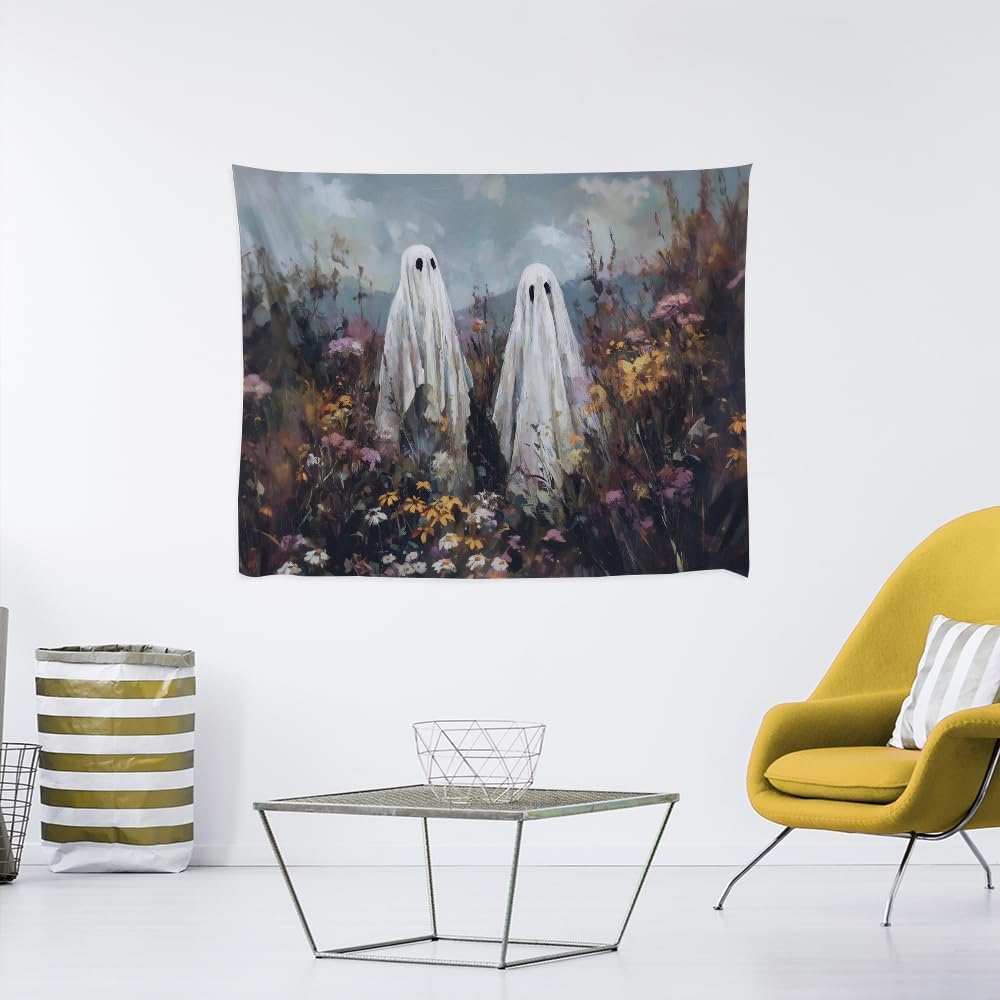 Halloween Ghosts in Wildflowers Tapestry Wall Hanging Spooky Cute Ghost Floral Tapestries Victoria Moody Artwork Aesthetic Print for Goth Living Room Bedroom wall Decor 40x60inch