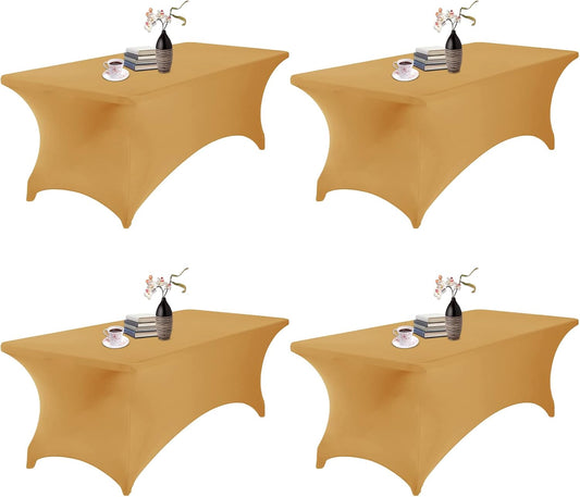 4Pack Spandex Waterproof Table Covers 8ft，Spandex 8ft Waterproof Table Cover for Party,Wedding, Banquet, and Events(Gold)