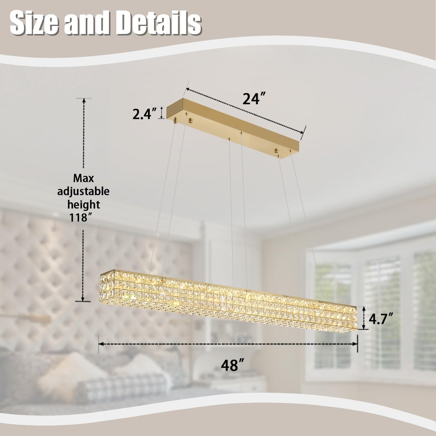 W48 Rectangular Gold Crystal Chandelier Modern Rectangle Pendant Ceiling Light Fixture for Living Room Dining Room Kitchen Island Bar
