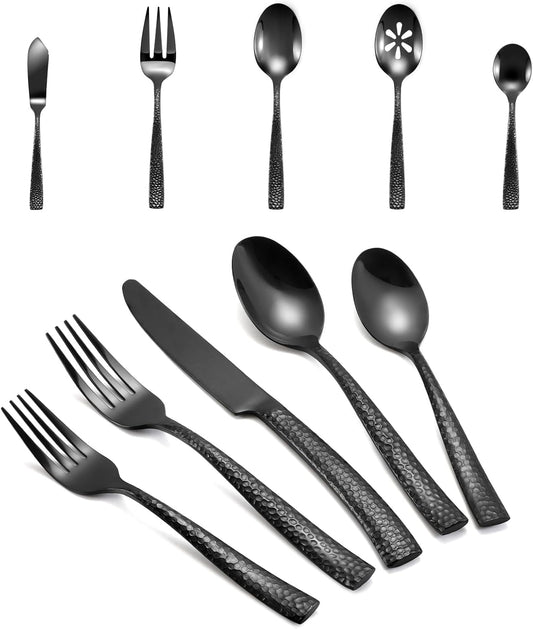 Silverware 45-Piece Black Hammered Flatware Set with Serving Utensils Stainless Steel Thick Handle Mirror Polished Cutlery Set for Wedding Hotel Restaurant, Service for 8
