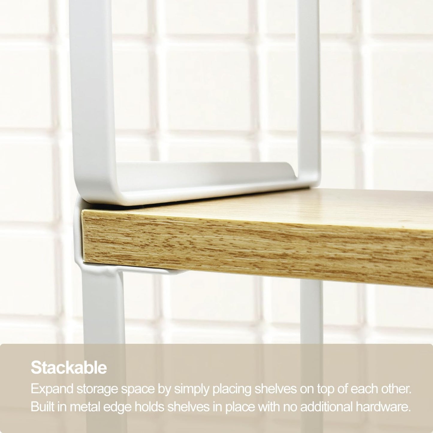 Mitus Shelf Organizer and Storage, Stackable Tiered Wood Cabinet Rack for Countertops, Desktops, Cabinets (Set of 2) 12" and 16" Wide Natural Oak and White