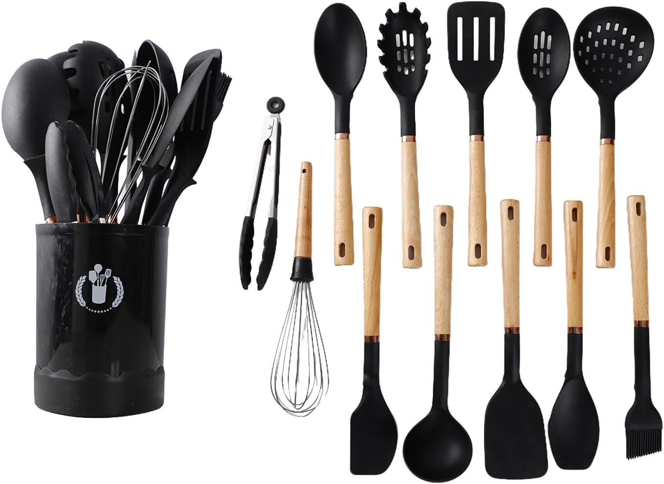 13-Piece silicone utensil set wood handle nonstick cookware safe dishwasher safe kitchen tools BPA free heat resistant (450°F/230°C) ceramic pan safe cooking gifts housewarming (Black)