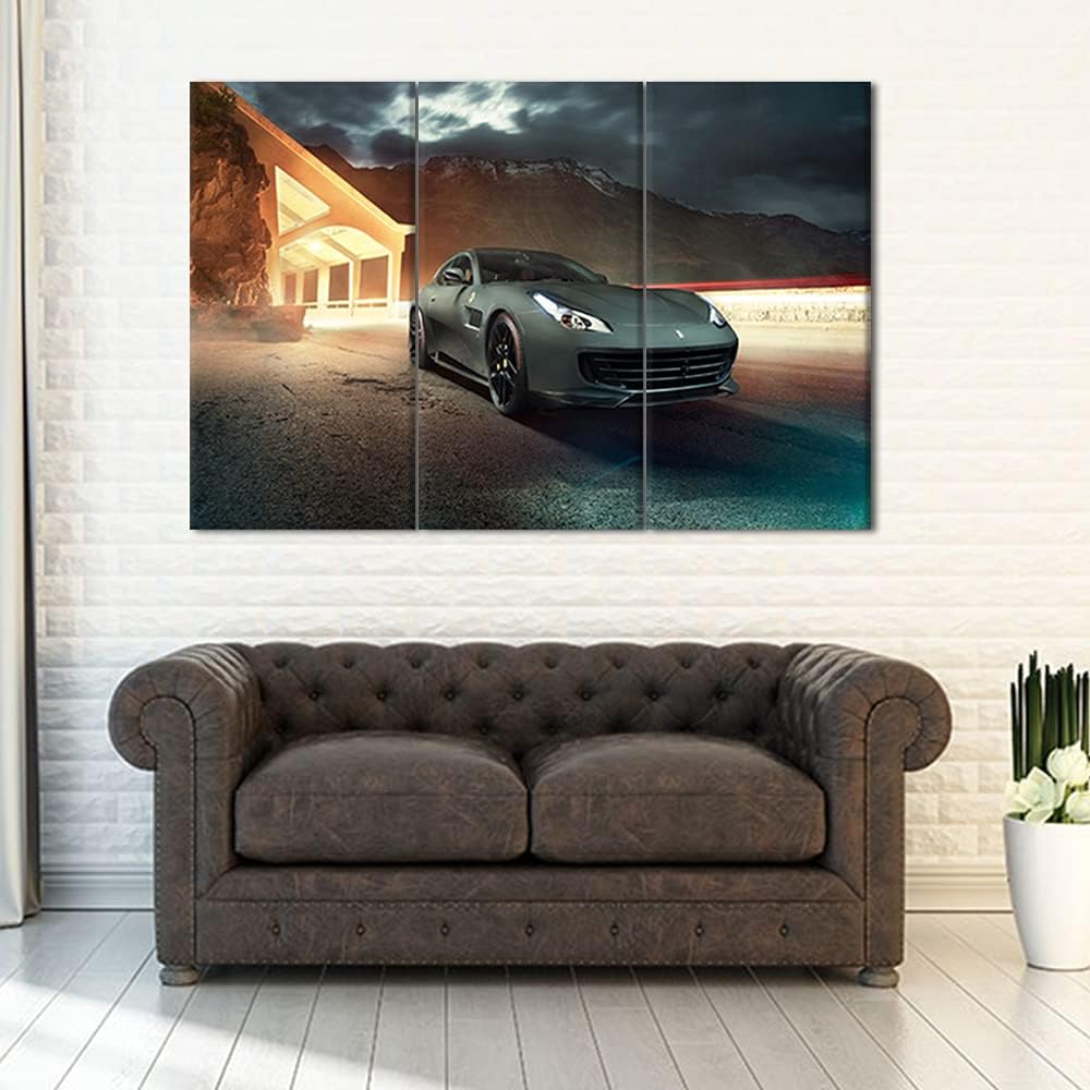 3 Piece Modern Framed Landscape Artwork Giclee Canvas Prints Sports car Pictures Paintings on Canvas Wall art for Living Room Bedroom Home Office Decorations Ready to Hang - 28 x 14inch x 3 Panels