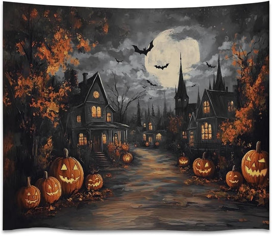 Spooky Halloween Tapestry Haunted Home Bats Pumpkin Tapestry Wall Hanging Dark Academia Fall Full Moon Decor Gothic Ghost Tapestries for bedroom Living Room Decoration 60x80inch