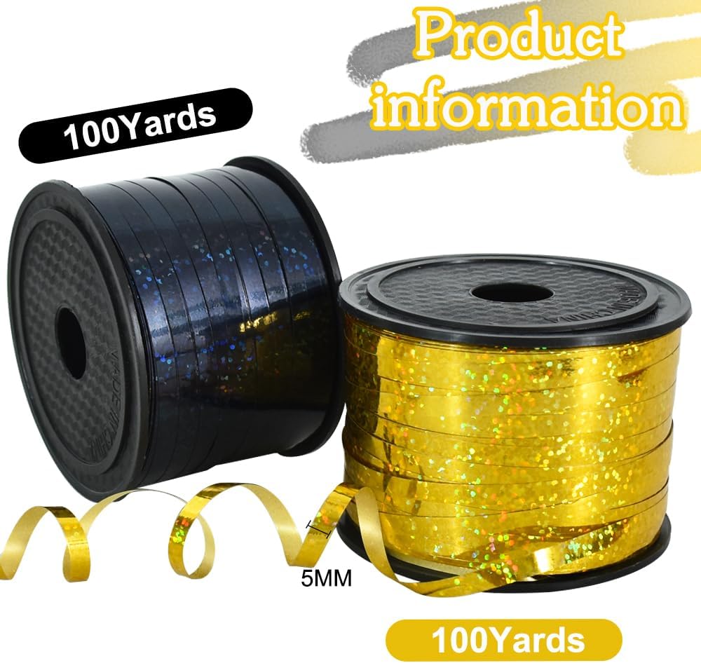 BEISHIDA 2 Pack 100 Yards Black Gold Curling Crimped Glitter Ribbon Balloon String Shiny Metallic for Gift Wrapping Ribbon Birthday Party Festival Art Craft Decor Florist Flowers Decoration