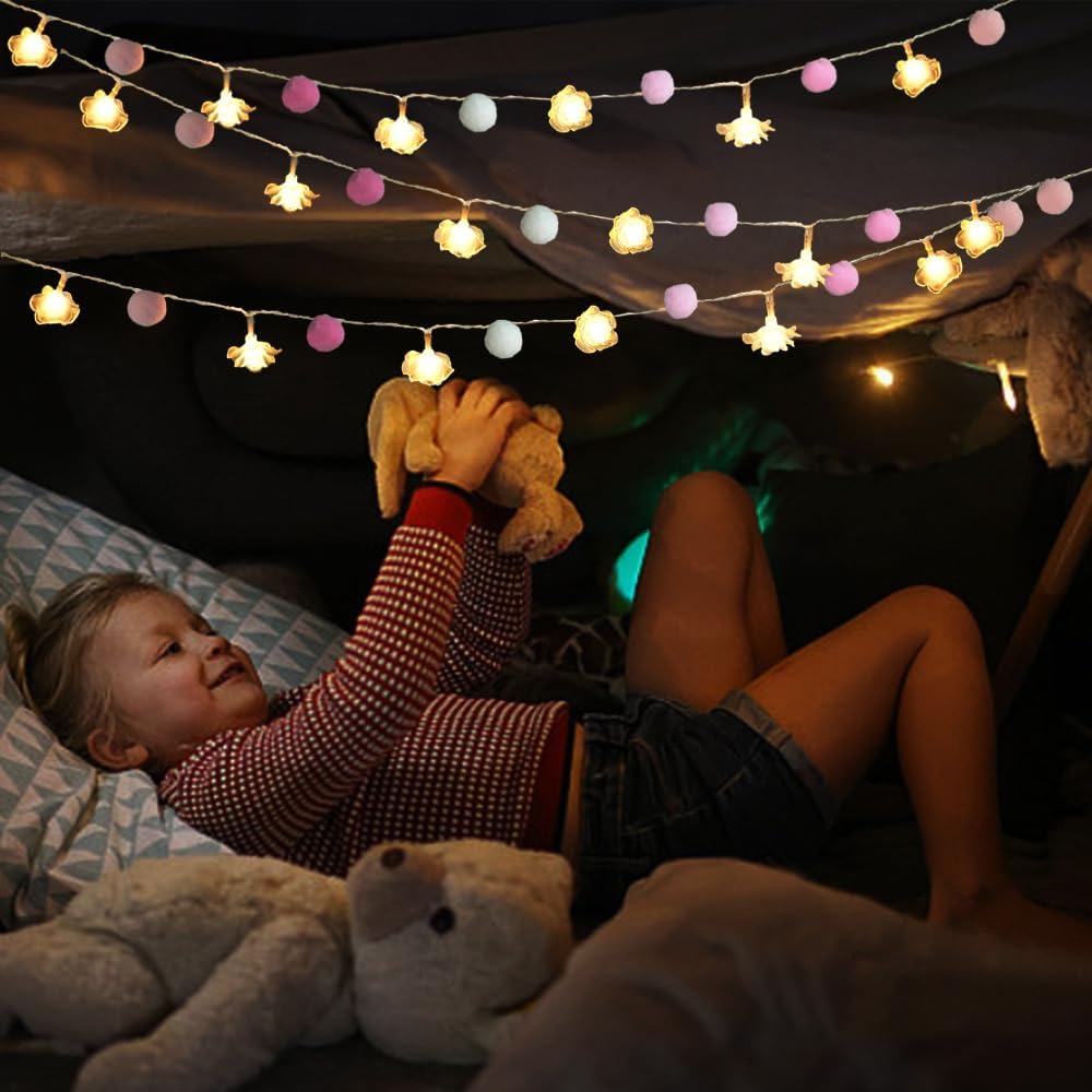 9.85Ft String Lights 20 Cute Pink Pompoms 20 LEDs Rose Fairy Lights Garland Battey Operated with Timer Flower Lights for Bedroom Kids Room Party Birthday Wedding Valentines Decorations
