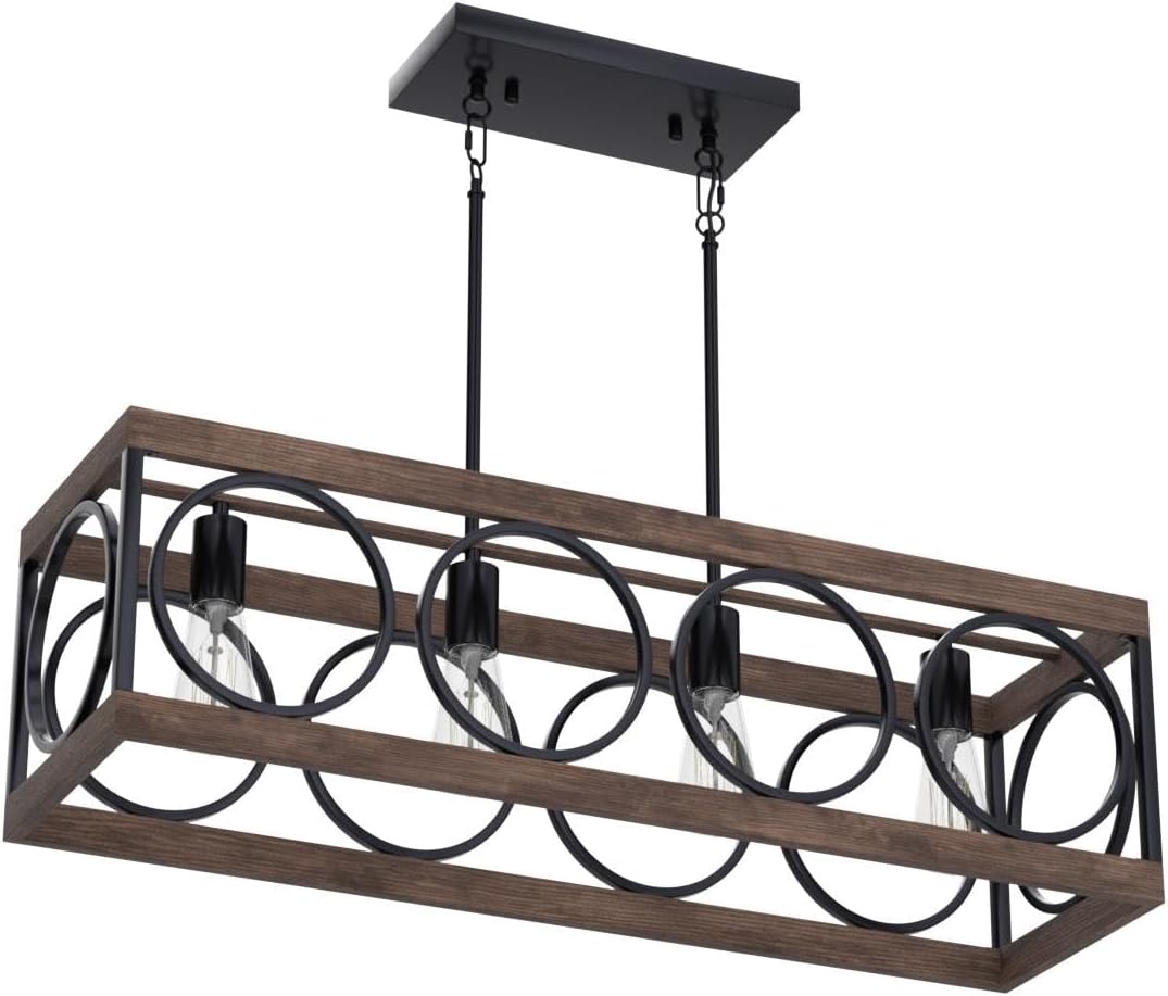 XINGQI Black Kitchen Island Light Fixtures, Farmhouse Dining Room Chandelier Rectangular Linear Chandeliers Pendant Ceiling Light Fixture for Bar Office Coffee Shop 4-Light Wood Grain