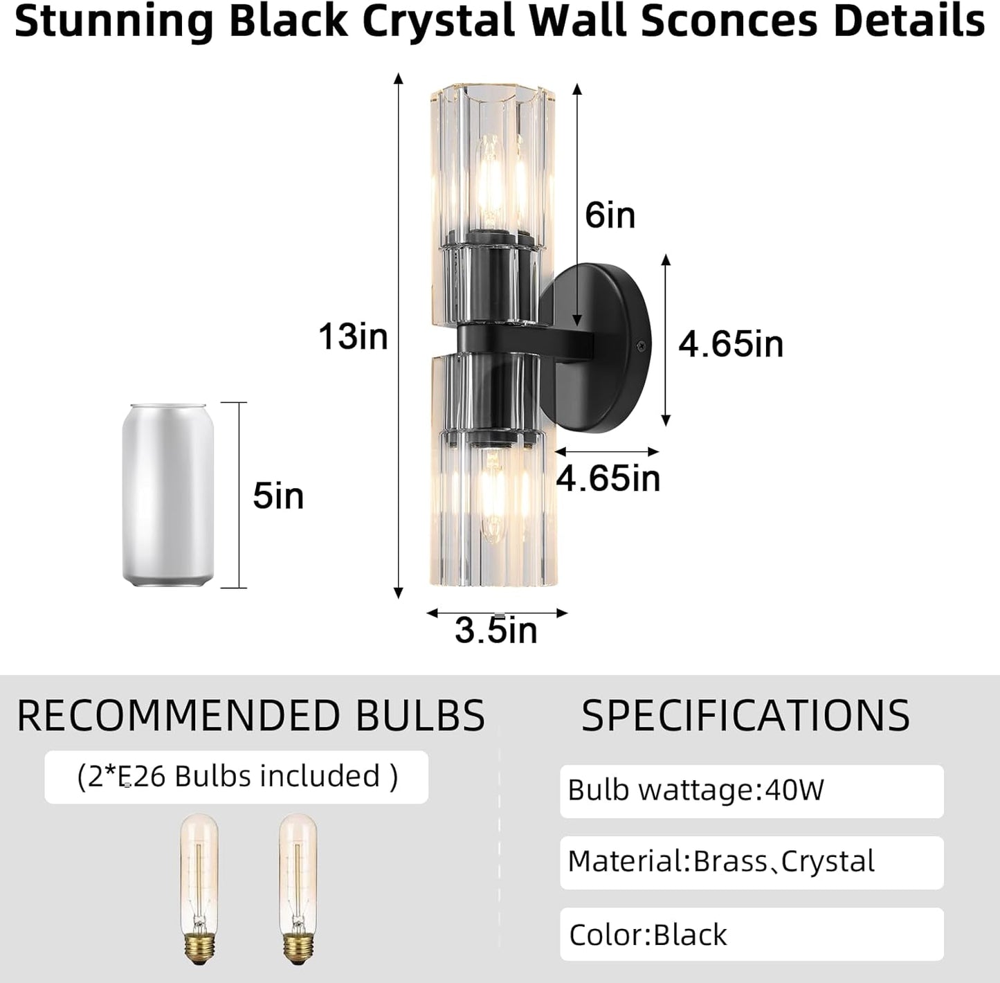 Black Crystal Wall Sconces Set of Two, Wall Sconce Set of 2, Black Sconces Wall Lighting with K9 Crystal Lampshade, Wall Lights for Bedroom Living Room Bathroom Hallway