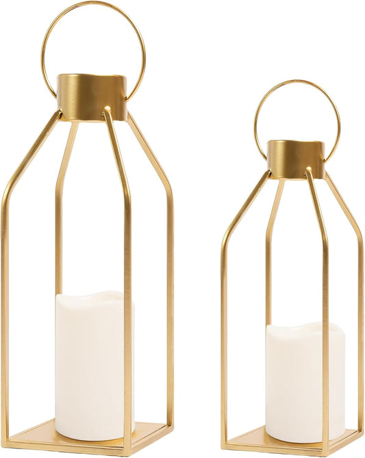 HPC Decor Modern Farmhouse Lantern Decor- Gold Metal Candle Lanterns for Christmas- Lanterns Decorative w/Timer Flickering Candles for Living Room, Home, Indoor, Outdoor, Table,Fireplace Mantle Decor