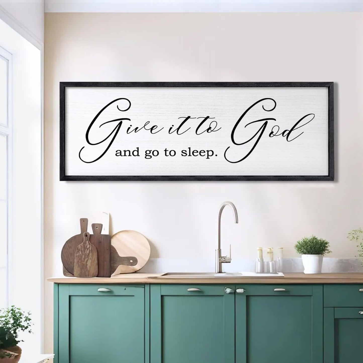 Give It To God And Go To Sleep Sign Wall Decor 40x15 Inch Large Farmhouse Master Bedroom Above Bed Hanging Wall Art Rustic Guest Room Wood Framed Over Bed Wall Decoration (Black)
