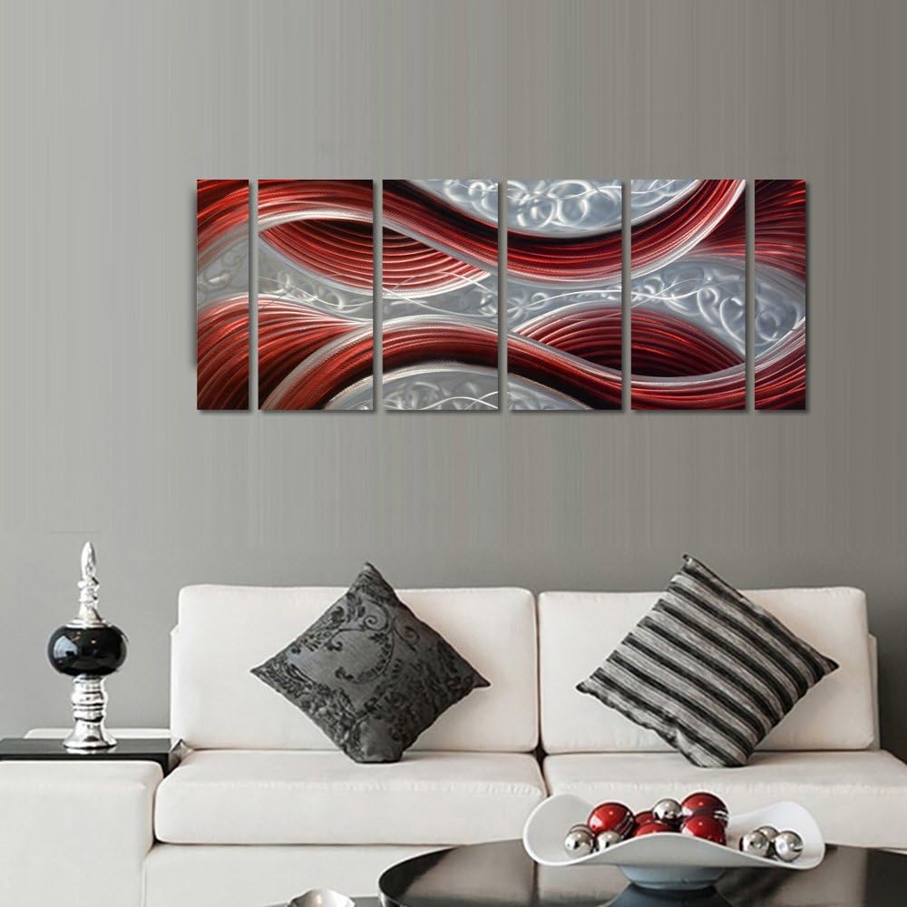 Handmade Abstract Metal Wall Art with Soft Color, Large Scale Decor in Dark Red Line Design Metal Art, 3D Artwork for Indoor Outdoor Wall Decorations, Decorative hanging in 6-Panels Measures 24"x 65"