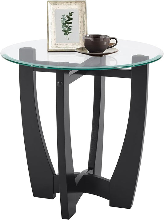 Glass End Table, 23.5" Round Side Tables with Tempered Glass Top Cross and Solid Wood Base Small Night Stand for Living Room Office Apartment Black