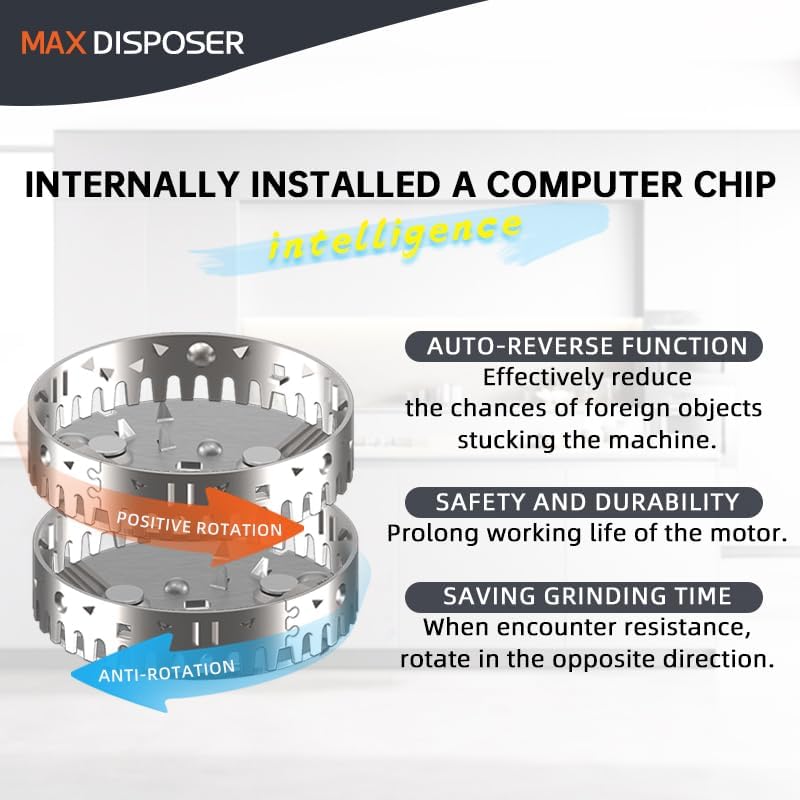 Garbage Disposal 1 HP Ultra Quiet Intelligent Auto-Reverse Function Continuous Feed Food Waste Disposer with Power Cord Easy install, AC Motor Stainless Steel Grind 1 Horsepower (MAX-6)