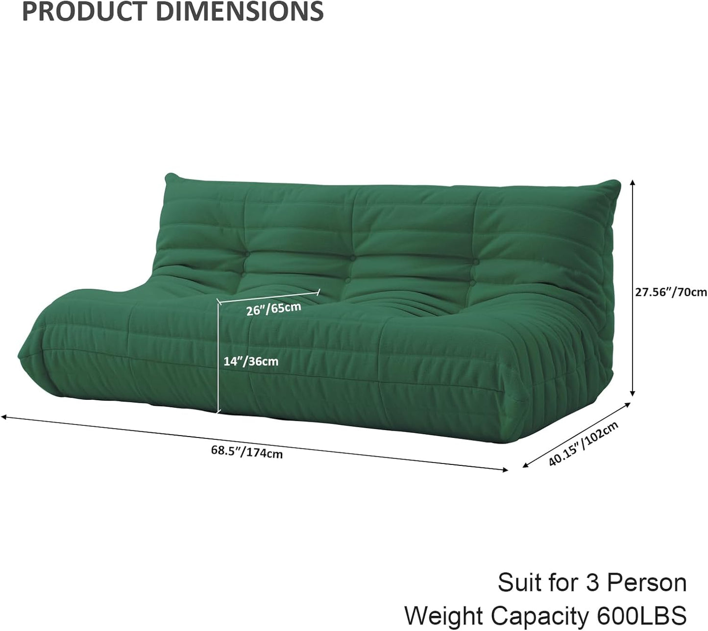 Luxury Sofa Couch Chair, Lazy Floor Seating, Fireside Bean Bag Chair, Ergonomic Tatami Sofa Lounger for Living Room, Bedroom, Office, 3 Seat, Green