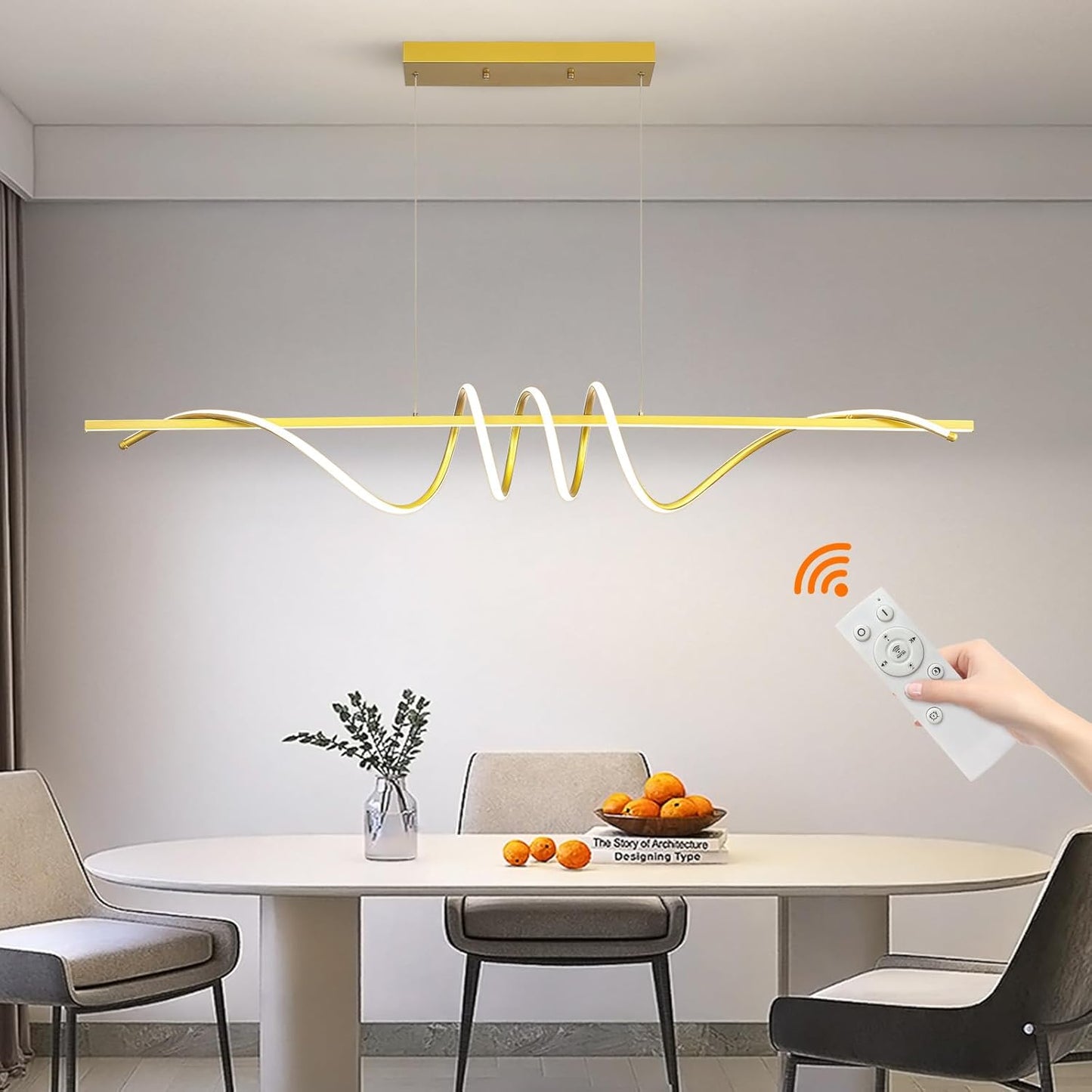 Modern Design Dimmable Desk Linear Pendant Light, with Remote Control Dimmable 3 Color Mode & Brightness Ceiling Lamp, Anti-Flicker Dining Light Fixture for Kitchen, Dining Room (Gold, 57IN)