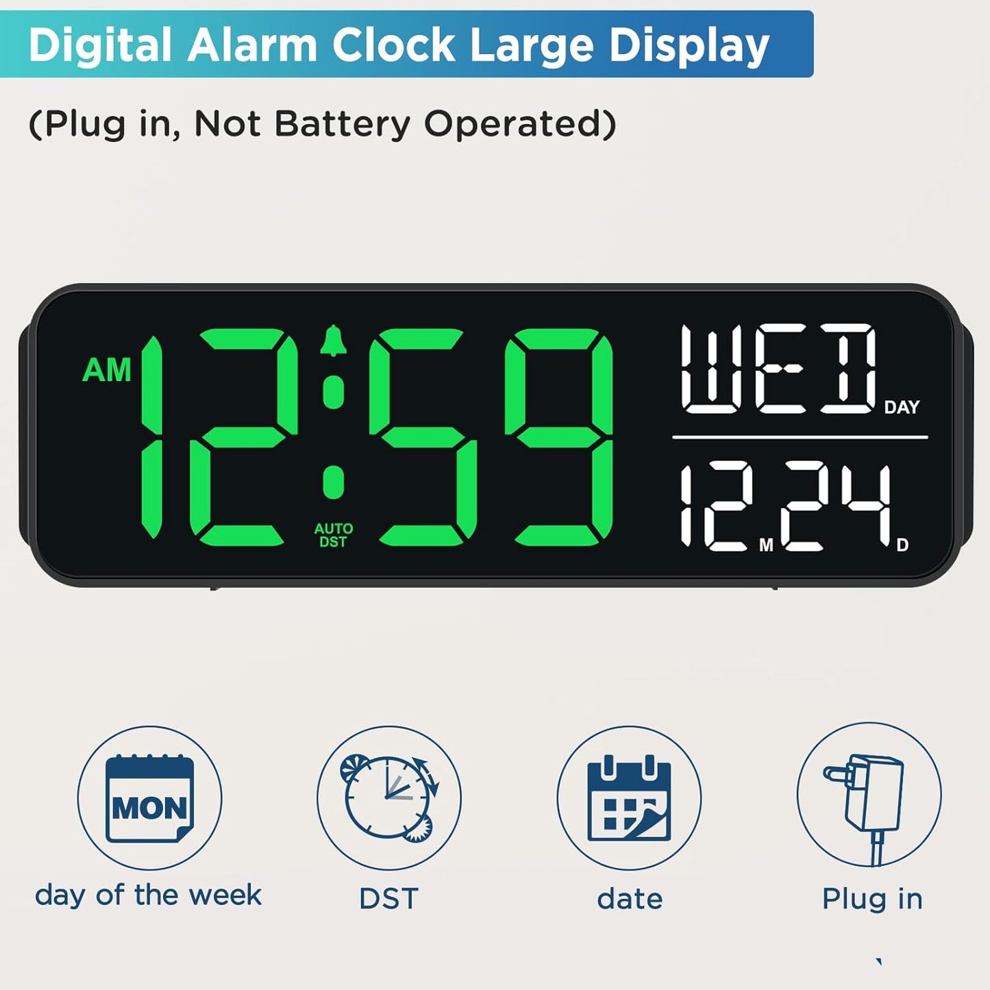 Peakeep Large Display Digital Alarm Clock for Bedrooms, Date Day of Week Desk Table Clocks for Living Room Office, Dimmable Plug in Electric Clock, 5 Volumes, Loud, Auto DST