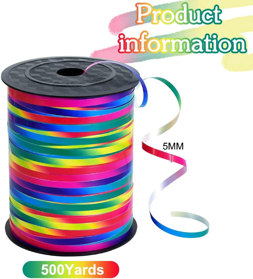 BEISHIDA 500 Yards Rainbow Curling Ribbon Balloon String, Multicolor Balloon Ribbon for Crafts Colorful Crimped Curling Ribbon for Gift Wrapping Party Festival Art Florist Flowers Decoration Supplies