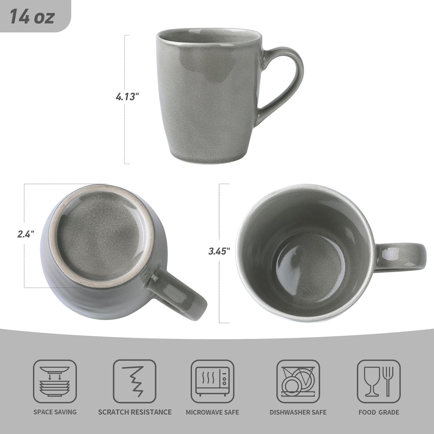 famiware Aurora Coffee Mugs, 14oz Mug Set of 4, Stoneware Mug, Cups for Kitchen, Cappuccino, Latte, Reactive Glaze, Microwave Safe, Scractch-resistant, Slate gray